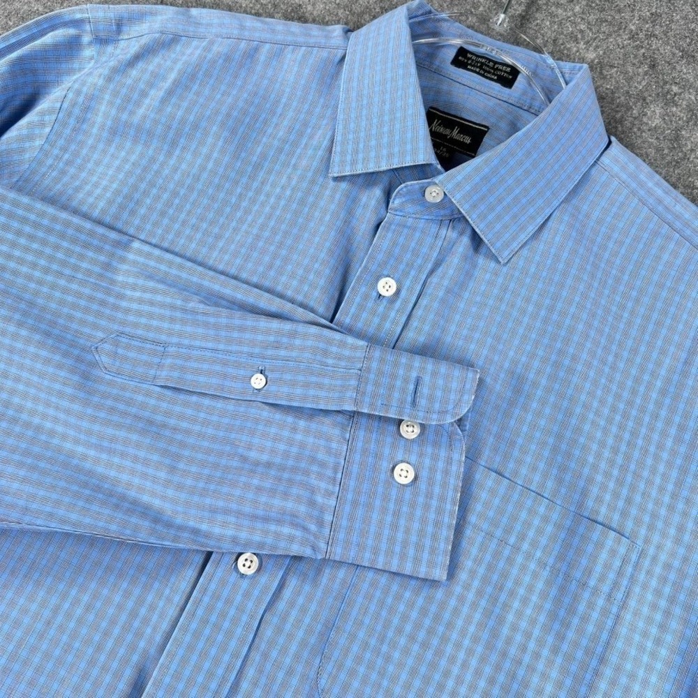Neiman Marcus Mens 16 34 35 Shirt Blue Plaid Wrinkle Free 80s 2-Ply Cotton L